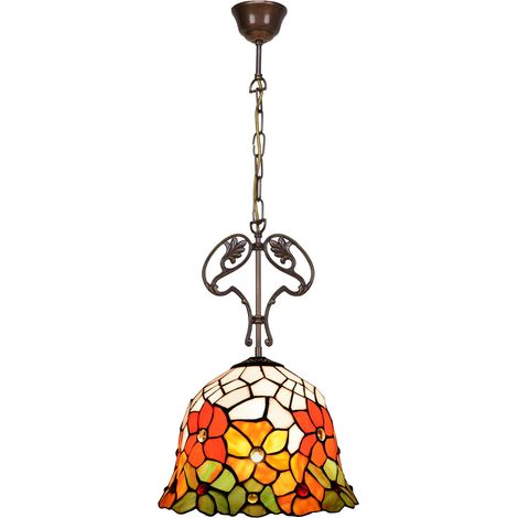 Lampe à suspension de plafond avec chaîne et ornement en fonte avec abat-jour Tiffany diamètre 40 cm Série Bell