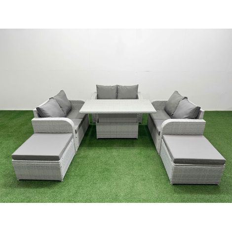 Fimous  8 Seater PE Wicker Rattan Furniture Sofa Sets with Adjustable Lifting Dining or Coffee Table 2 Seater Love Sofa 2 Big Footstool Light Grey (1/5)