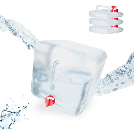Set 4 taniche pieghevoli Relaxdays 15L con rubinetto/tappo a vite, maniglia, per campeggio, senza BPA, trasparente/rosso (1/5)