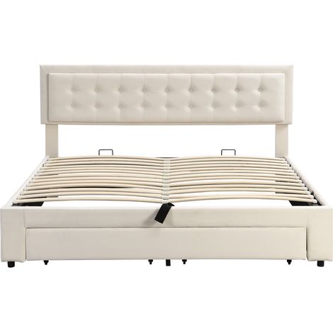 Cama con canapé tapizada en terciopelo beige 180 x 200 con almacenaje y somier HOMVRA (1/5)