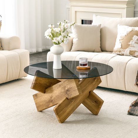 Table basse ronde moderne en verre avec un piètement design robuste en bois ou aspect marbre, environ 79 cm de diamètre, environ 45 cm de hauteur, table de salon pour intérieurs élégants (1/5)