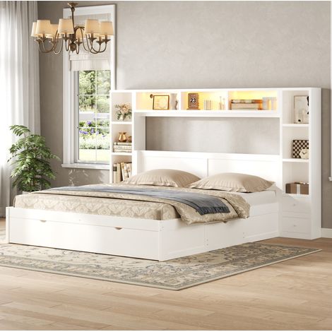 Letto matrimoniale 140x200 cm in MDF bianco, 7 cassetti LED salvaspazio, senza materasso – MEUBLIV (1/5)