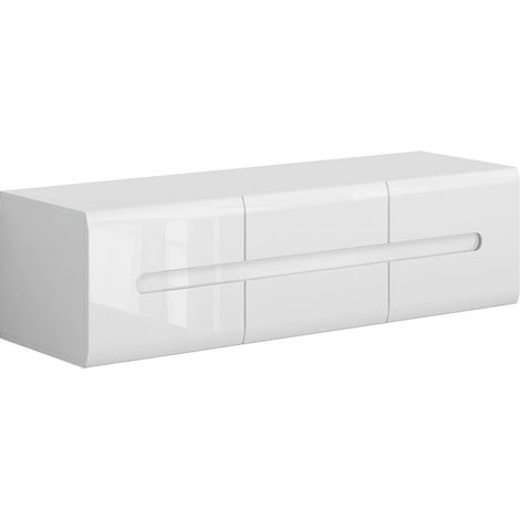 Meuble TV avec 2 portes et 2 tiroirs, coloris Blanc/Blanc haute brillance - Longueur 150 x Profondeur 47 x Hauteur 43 cm (1/4)