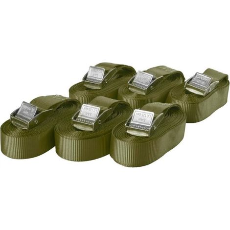 Set of 6 tie-down straps with buckle, tightening strap, fastening straps, maximum load 250 kg, according to DIN EN 12195-2, length 3 m, width 25 mm, one piece, olive green (1/5)