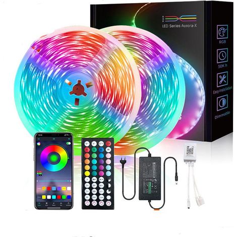 Ruban LED 20M, 5050 - Carte nue - 30 LED - 44 touches - Musique infrarouge + Bluetooth + marqueur (20 m) [10 m x 2 rouleaux], Mode Minuterie, pour Chambre, Salle de Jeux, Fête, Festival (1/5)