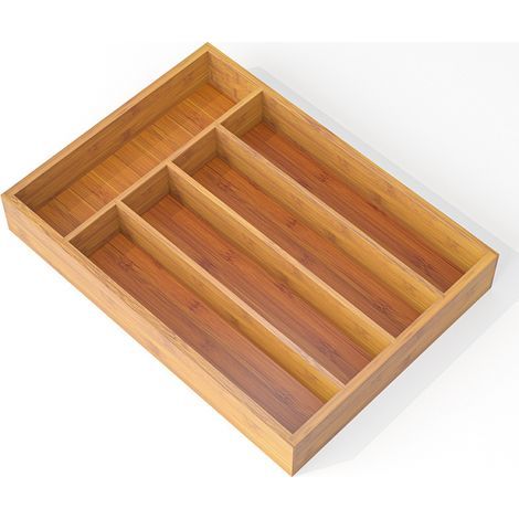 Cutlery Tray with 5 Bamboo Compartments: Wooden Drawer Organizer, Natural (1/5)