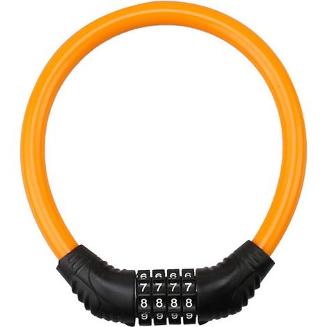 Tragbares Fahrradschloss aus Zinklegierung und PVC, mit zurücksetzbarem 4-stelligen Geheimcode, 14,5 x 12,5 cm, ideal für Roller und Skateboards, robustes oranges Kabel. (1/5)