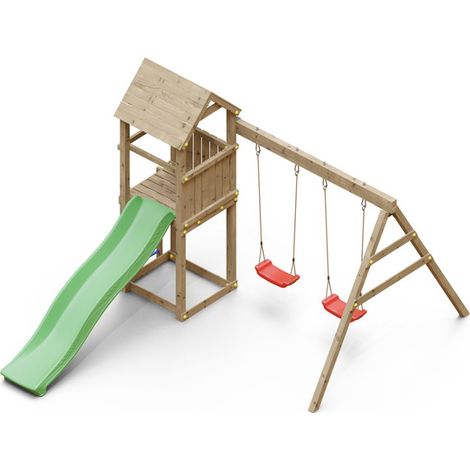 Chalet & Jardin – Aire de jeux extérieure en bois avec 1 toboggan 2,2m et 2 balançoires – Pin traité autoclave – Pour 6 enfants jusqu'à 50kg – Dimensions 348x284x188cm (1/5)