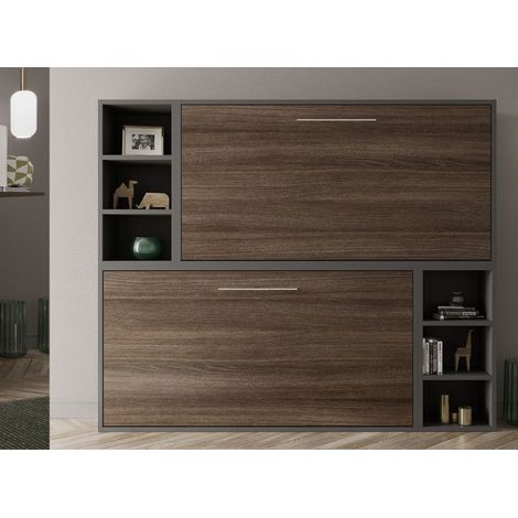 Les Tendances – Lit escamotable superposé 90x200 cm – 2 matelas inclus – Structure en mélaminé haute densité – Cadre gris anthracite – Façade noyer (1/5)
