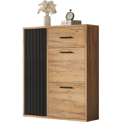 Meuble à chaussures avec 1 tiroir, 3 portes, 2 abattants et étagères réglables, noir et bois clair, panneau de particules, 80 cm, pour entrée moderne  CHICFURN (1/5)