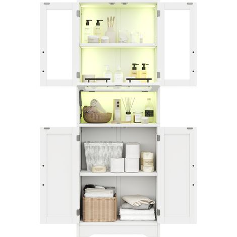 Badezimmerschrank mit 3 Türen, 1 Offenem Fach, Verstellbaren Einlegeböden und LED, aus MDF und Glas, 60×30×170 cm, Weiß (1/5)