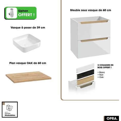 Ensemble meuble sous vasque avec plan et vasque à poser - Siphon OFFERT  OPRA  Blanc-Oak  60 × 60 × 45 cm (1/5)