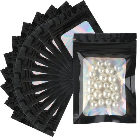 100PCS Mylar Ziplock Bags Sachets Plastiques Zip-Noir Sachets Refermable Zip Mylar 7x10cm Pochon Zip Holographique pour Stockage Aliments et Emballage