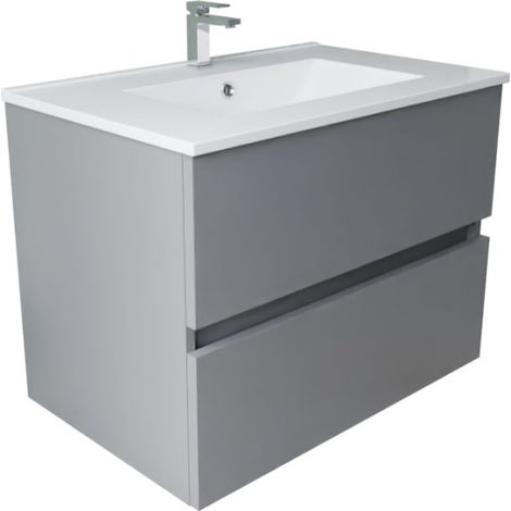 Meuble salle de bain suspendu 70 cm ROSALY INOX- Gris- Plan vasque en Céramique