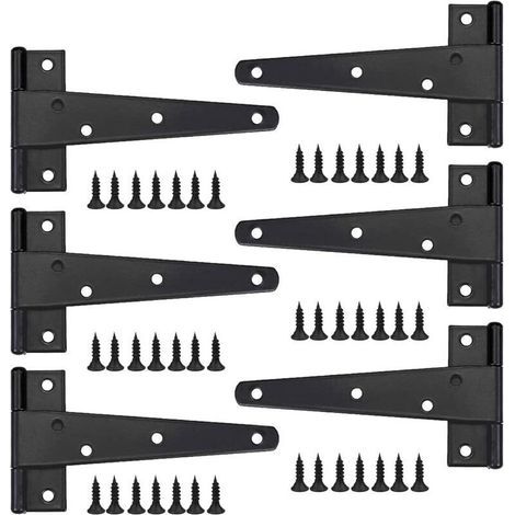 Charniere Porte Lourde 6pcs, Charniere Porte 6 Pouces, Charnire en T Noires, Charniere Plate Inox Charnires de Portes en Fer Charnires Robustes pour Portes, Fentres, Abris de Jardin