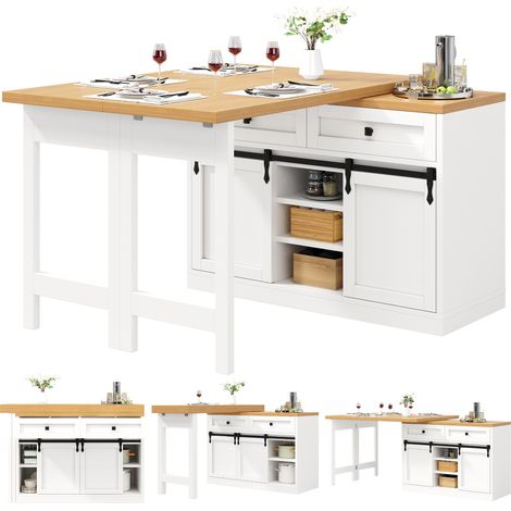 Îlot de cuisine pivotant 360° avec portes coulissantes style barn, 120-197 cm, 2 tiroirs et étagères réglables, blanc (1/5)