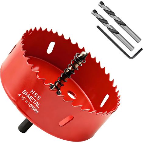 Hole Saw 105 mm, HSS M42 Bi-Metal Hole Saws Wood, with Triangular Shank Adapter and Centre Drill, Ideal for Hollow Wall Boxes, Drywall, Plastic, Plaster Plate (1/5)