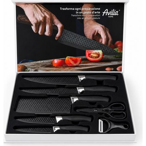 Kit Coltelli Da Cucina Professionale 6 Pezzi In Acciaio Inox Con Motivo A Diamante E Finitura Antiaderente