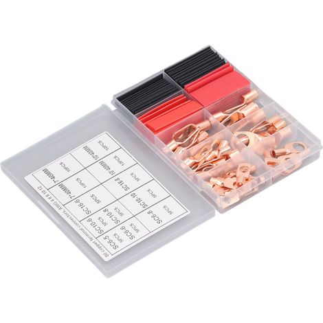 Lot de 80 cosses à sertir en cuivre rouge pour câbles de batterie, avec gaine thermorétractable. (1/5)