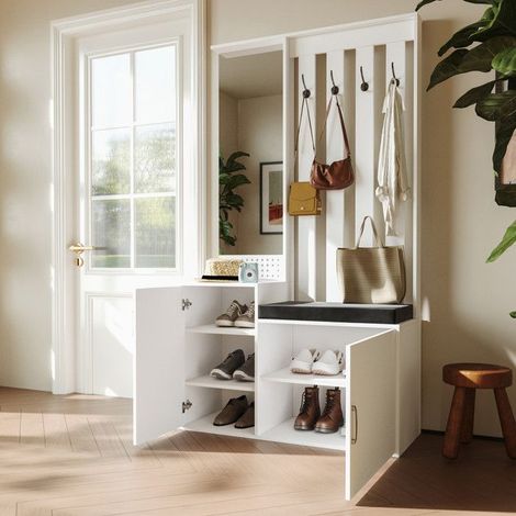 Mueble de Entrada 4 en 1, Armario para Zapatos con Espejo, Banco y Perchero, Almacenamiento de Zapatos Blanco, Moderno y Minimalista (1/5)