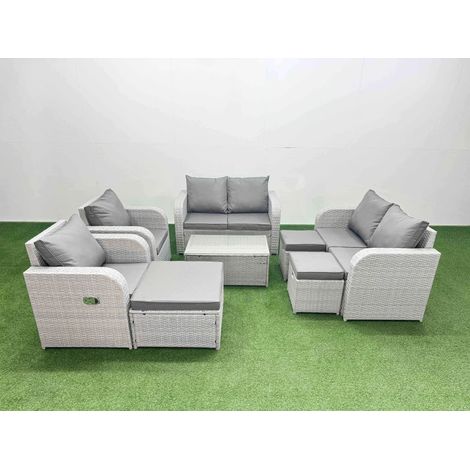 Fimous 9 Seater Outdoor Reclining Chair Love Sofa Set Rattan Garden Furniture Set with Rectangular Coffee Table 3 Stools Light Grey (1/4)