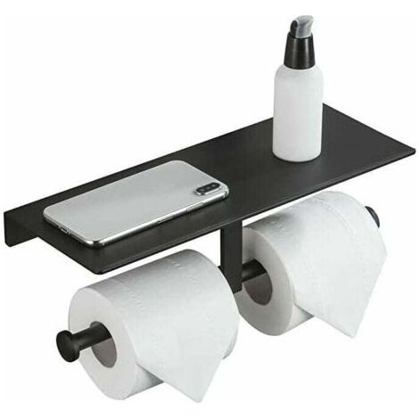 Hygienischer Toilettenpapierhalter ohne Bohren mit Handyablage, doppelte Wandmontage für das Badezimmer (Schwarz) (1/4)