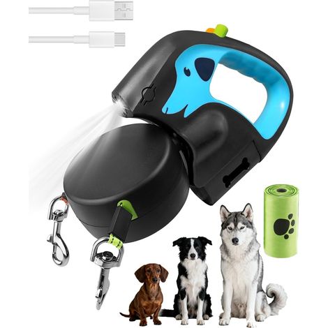 m lange, einziehbare Doppelleine für Hunde, 360° drehbar, ideal für Spaziergänge mit 2 kleinen und mittelgroßen Hunden, rutschfester Griff, verwicklungsfrei, LED-Licht und Kotbeutelspender, Blau (1/5)