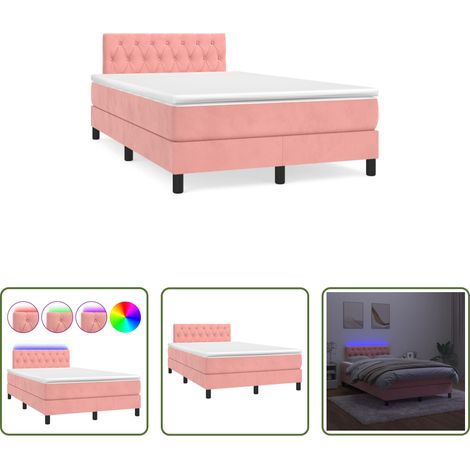 Sommier tapissier - Sommier à lattes de lit et matelas LED rose 120x190 cm velours (1/5)
