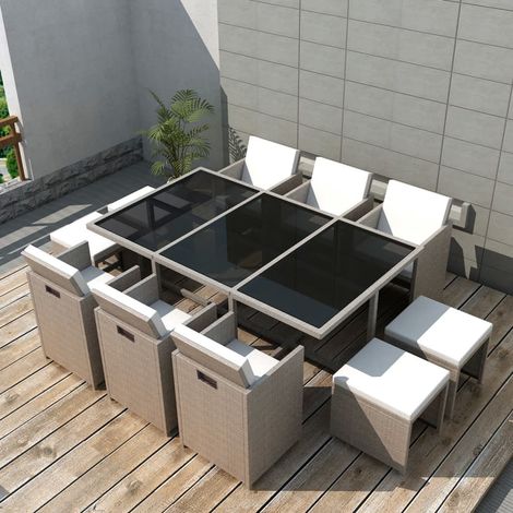 11-tlg. Garten-Essgruppe mit Auflagen Poly Rattan Beige