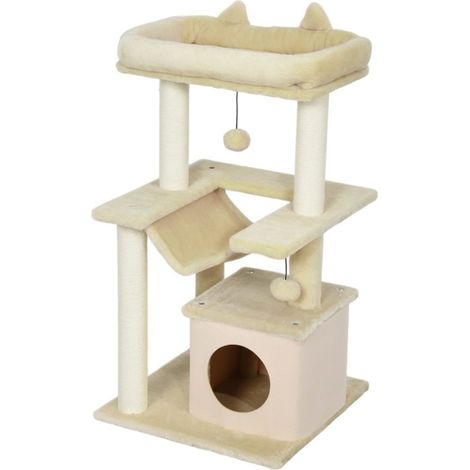 Arbre à Chat Crème avec Griffoir, Perchoir, Hamac et Jouets - Espace Jeu et Repos pour Chat, 48x48x90 cm, Structure Stable et Durable (1/5)