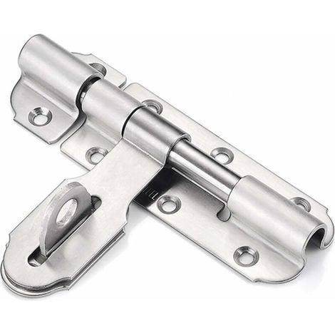 Serratura per porta scorrevole in acciaio inox da 100 mm con chiusura a lucchetto, serratura resistente per bagno, toilette, giardino, casetta da giardino. (1/4)