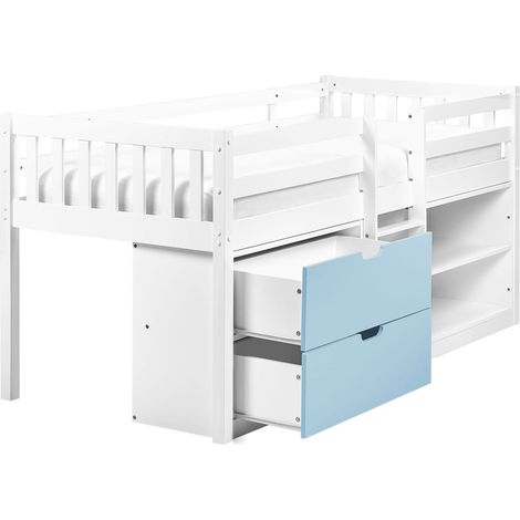 Letto per bambini in legno di gomma 90 x 200 cm con rete a doghe con cassetti e ripiani bianco e blu Susville