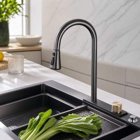 Robinet de cuisine extensible effet cascade 4 modes d'eau mitigeur eau chaude et froide gris foncé avec tuyaux 1/2 pouce (1/5)