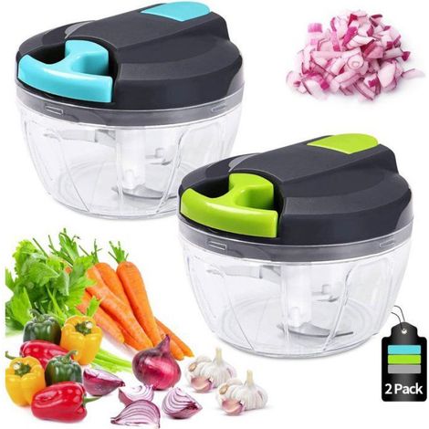 Hachoir manuel - Mini hachoir à oignons 520 ml - Coupe-oignons de cuisine - 3 lames en acier inoxydable - Coupe-légumes Étiquette (1/5)