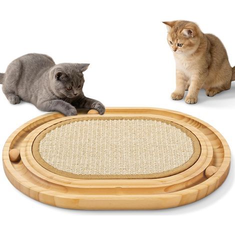 Interactive 2-in-1 Oval Sisal Cat Scratcher, Wooden Ball Track with 3 Rolling Balls, Non-Slip Cat Scratching Mat & Developmental Toy for Kittens and Small Cats (1/5)
