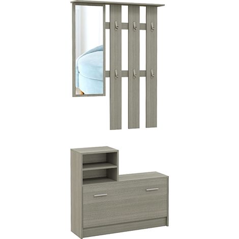 Set Mobili da Ingresso con Appendiabiti, Specchio, Panca con Scaffale e Scarpiera per 8 Paia di Scarpe, Grigio (1/5)