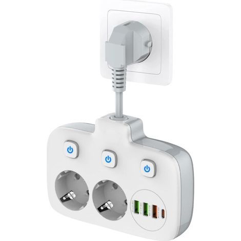 Steckdosenleiste mit 2 AC-Steckdosen und 4 USB-C-Anschlüssen, 3 unabhängigen Schaltern, Überspannungsschutz und flammhemmendem PC-Material. (1/5)