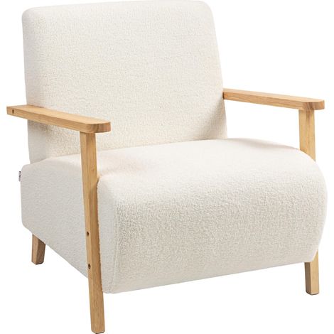 Fauteuil lounge de style nordique en tissu sherpa avec accoudoirs et pieds en bois, couleur crème