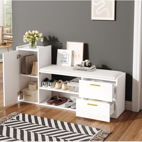 Zapatero 128 x 30 x 68 cm con 2 cajones, 1 armario y asiento acolchado, blanco HAVRYA (1/5)