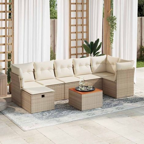 Ensemble Salon Jardin 8 Places Résine Tressée Beige avec Coussins - Table Acacia, Modulaire, Résistant aux Intempéries (1/4)