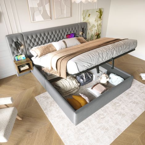 Pour matelas 160x200 cm, lit double avec rangement pour chambre, tête de lit en velours gris et chevets intégrés (1/5)