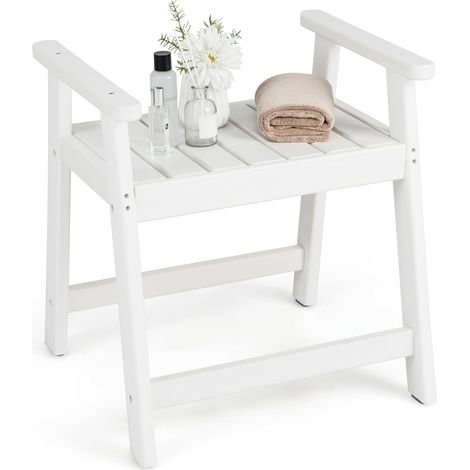 COSTWAY Tabouret Salle de Bain Imperméable avec Accoudoirs, Petit Tabouret de Douche Antidérapant Étanche, Chaise Banc Salle de Bain Siège de Douche Intérieure pour Enfants et Adultes (Blanc) (1/5)