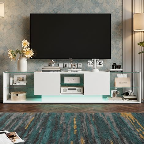 Meuble TV Blanc avec LED, Meuble Banc Télé Bas 200x35x45cm avec 2 Tiroirs et Étagères en Verre pour Salon ou Chambre (1/5)