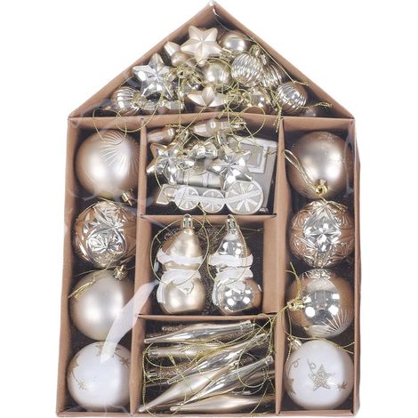 Set aus 2 dekorativen Weihnachtskugeln, vergoldet und weiß plattiert, mit Motiven von Sternen, einem Schneemann und Schneeflocken. Ideal zum Schmücken des Weihnachtsbaums. (1/5)