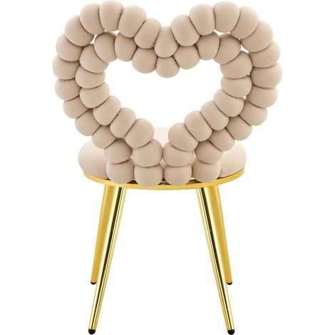 Chaises de salle à manger en velours beige clair (lot de 2) – dossier ajouré en forme de cœur, pieds en métal doré, polyvalentes pour la salle à manger, les vestiaires et les pièces à vivre (1/5)