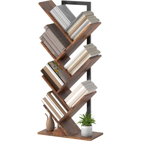 Étagère à livres pliable rustique pour salon livres, autoportante niveaux, étroite, forme d'arbre, idéale bureau, couleur marron (1/5)