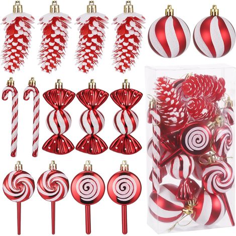 Conjunto de 15 adornos navideños, decoraciones para el árbol de Navidad, bastones de caramelo, piñas, piruletas, dulces, adornos colgantes, decoraciones navideñas rojas y blancas para el árbol de Navi (1/5)