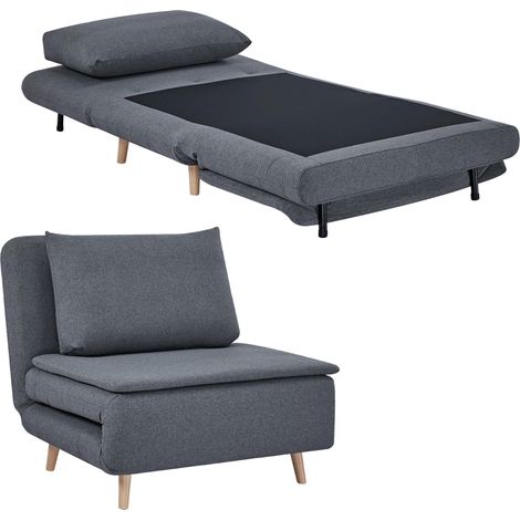 Fauteuil convertible 3 en 1 avec fonction lit, dossier inclinable, pieds en hêtre, coussin, gris idéal pour salon, chambre à coucher ou bureau facile à assembler avec instructions incluses