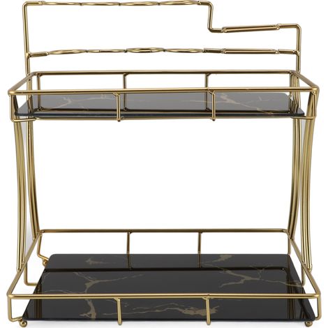 Étagère de comptoir double couche, organiseur de salle de bain imperméable avec porte-brosse à dents électrique, fond noir grain doré (1/5)