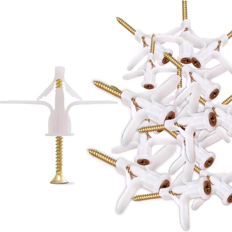 Lot de 30 chevilles et vis pour plaques de plâtre, kit d'ancrage pour cloison sèche, tube d'expansion, ancrages en plastique, type papillon, fixation murale, couleur blanche